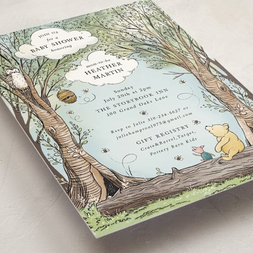 This is a sky baby shower invitations with standard by Becky Nimoy called disney's winnie the pooh in the wood printing on signature in standard