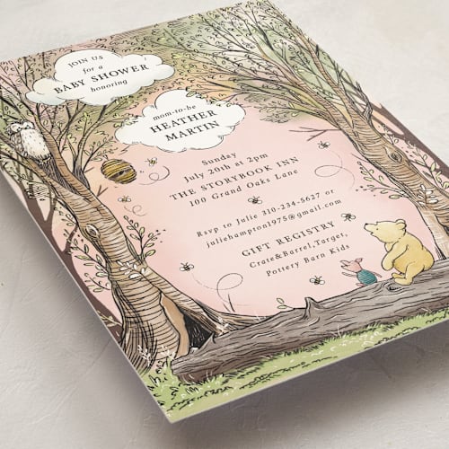 This is a petal baby shower invitations with standard by Becky Nimoy called disney's winnie the pooh in the wood printing on signature in standard