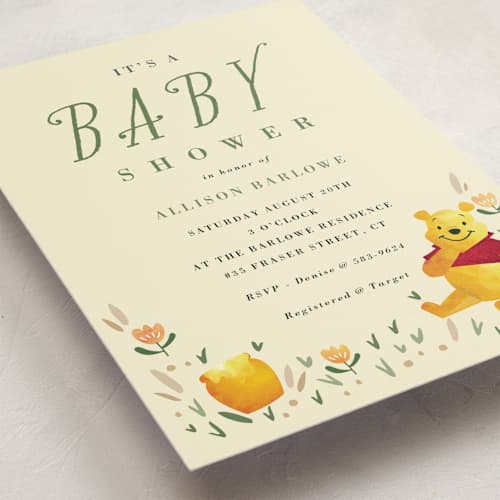 This is a honey baby shower invitations with standard by Oma N. Ramkhelawan called disney's winnie the pooh garden printing on signature in standard