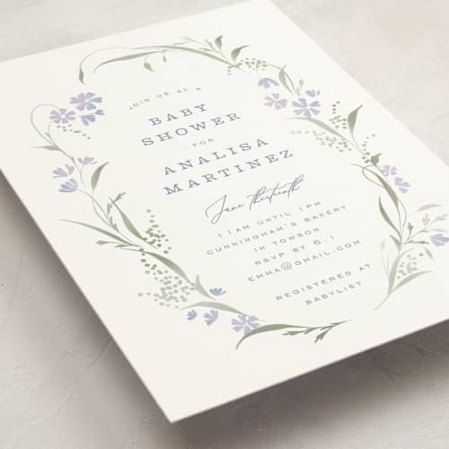This is a lilac baby shower invitations with standard by Erin L. Wilson called lottie printing on signature in standard