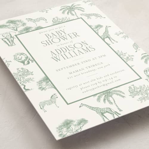 This is a palm baby shower invitations with standard by Jenna Holcomb called safari printing on signature in standard
