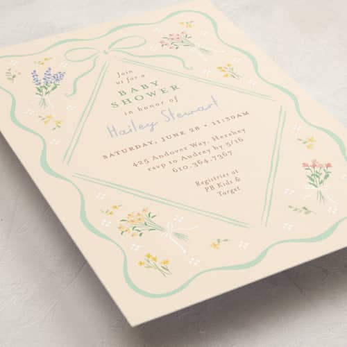This is a seafoam baby shower invitations with standard by Jennifer Wick called petite corners printing on signature in standard