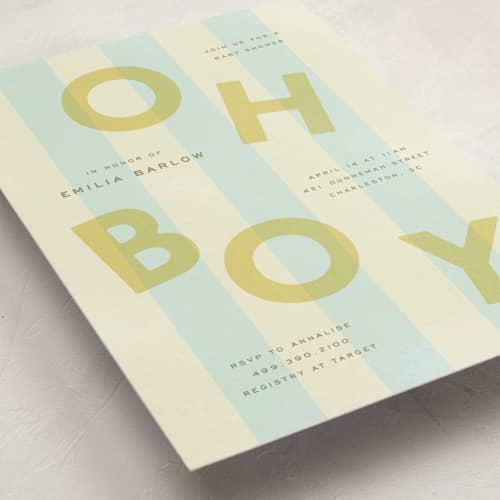 This is a baby blue baby shower invitations with standard by Ellen Schlegelmilch called oh boy printing on signature in standard
