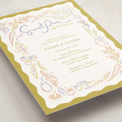 This is a olive baby shower invitations with standard by Natalie Rae called veggie patch printing on signature in standard