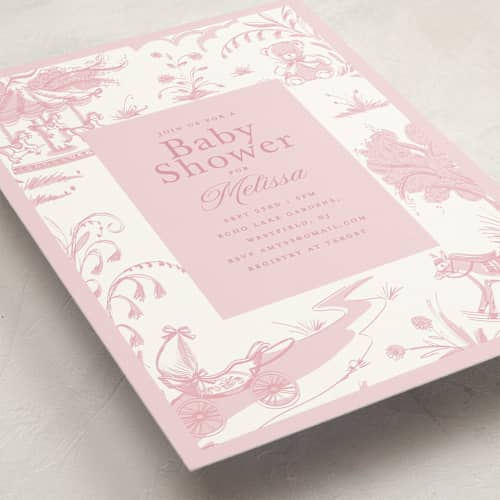 This is a blush baby shower invitations with standard by Teju Reval called baby toile printing on signature in standard