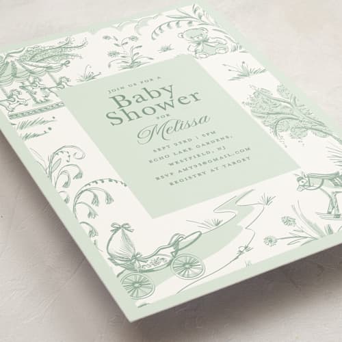 This is a forest baby shower invitations with standard by Teju Reval called baby toile printing on signature in standard