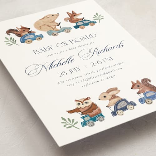 This is a navy baby shower invitations with standard by Vivian Yiwing called woodland cars printing on signature in standard