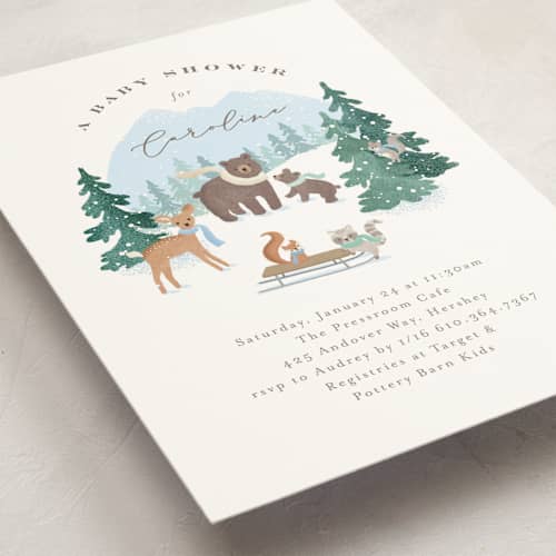 This is a sky baby shower invitations with standard by Jennifer Wick called winter wonderland printing on signature in standard