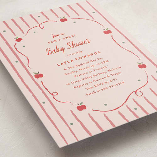 This is a blush baby shower invitations with standard by Carolyn MacLaren called apple of my eye printing on signature in standard