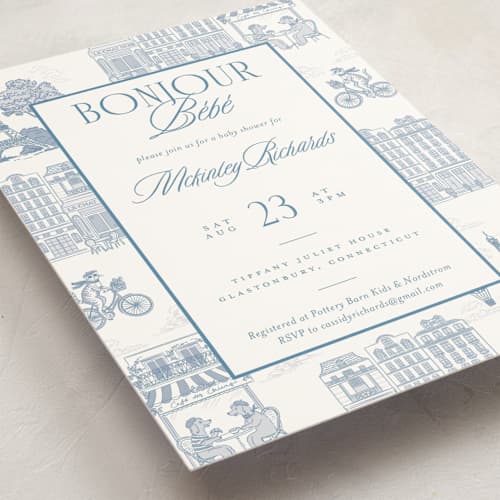 This is a provincial baby shower invitations with standard by Jenna Holcomb called bonjour toile printing on signature in standard