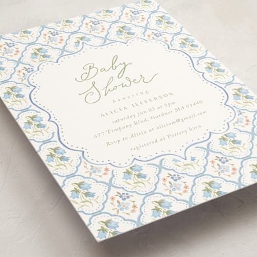 This is a icing baby shower invitations with standard by samovilka called bluefloralbaby printing on signature in standard