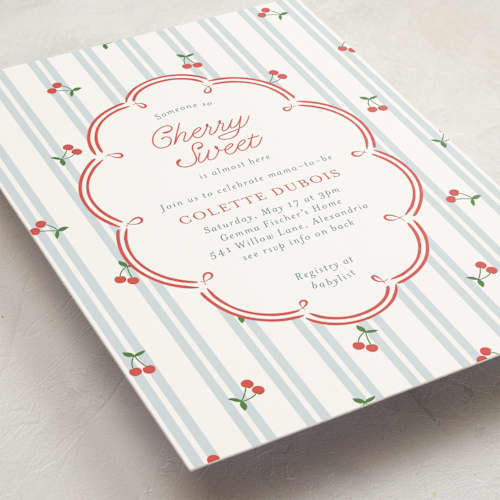 This is a sky baby shower invitations with standard by Leia Matt called cherry sweet stripe printing on signature in standard