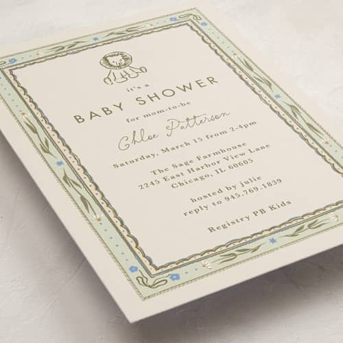 This is a seafoam baby shower invitations with standard by Lucrecia Caporale called baby little toys printing on signature in standard