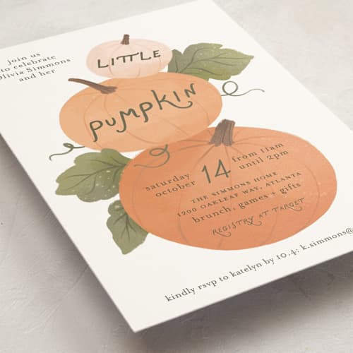 This is a pumpkin baby shower invitations with standard by Paper Raven Co. called pumpkin patch printing on signature in standard