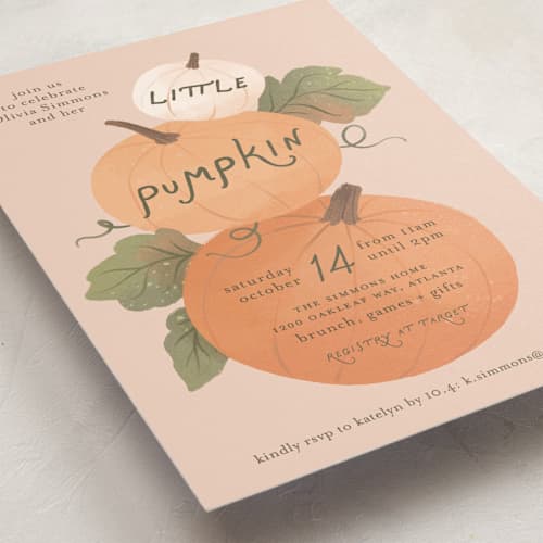 This is a cinnamon baby shower invitations with standard by Paper Raven Co. called pumpkin patch printing on signature in standard