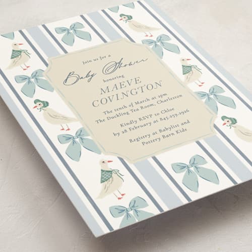 This is a bluebell baby shower invitations with standard by Jackie Crawford called little ducks printing on signature in standard
