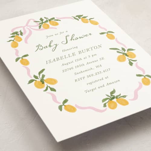 This is a pink lemonade baby shower invitations with standard by Angela Garrick called lemon and ribbon printing on signature in standard