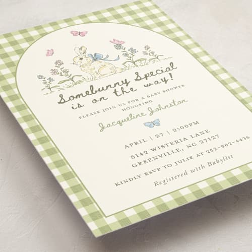 This is a grass baby shower invitations with standard by Holton Art and Design called somebunny special storybook printing on signature in standard