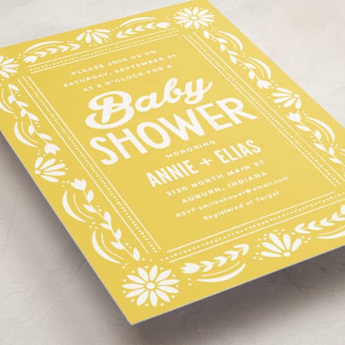 This is a marigold baby shower invitations with standard by Jessie Steury called pretty picado printing on signature in standard