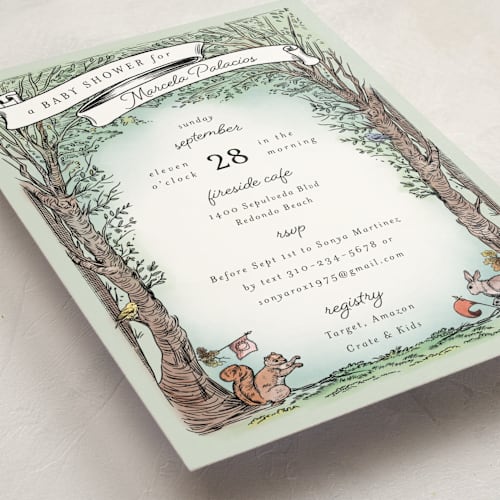This is a mint baby shower invitations with standard by Becky Nimoy called victorian forest scene printing on signature in standard