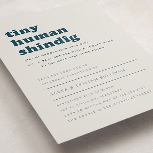 This is a whale baby shower invitations with standard by Corinne Malesic called tiny human printing on signature in standard