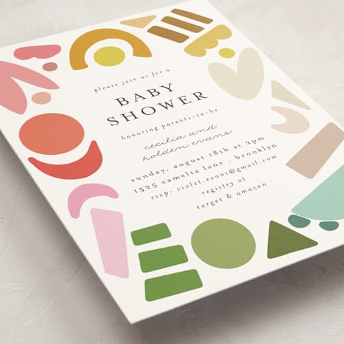 This is a rainbow baby shower invitations with standard by Morgan Kendall called rainbow shapes printing on signature in standard