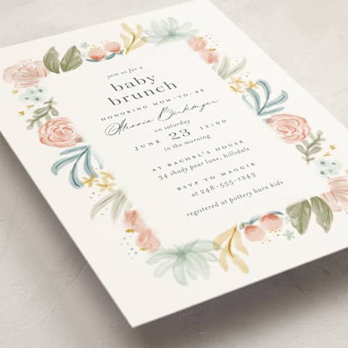 This is a rose baby shower invitations with standard by Ashley DeMeyere called blooming brunch printing on signature in standard