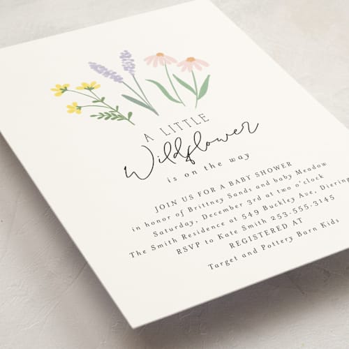 This is a pastel baby shower invitations with standard by Itsy Belle Studio called she's a wildflower printing on signature in standard