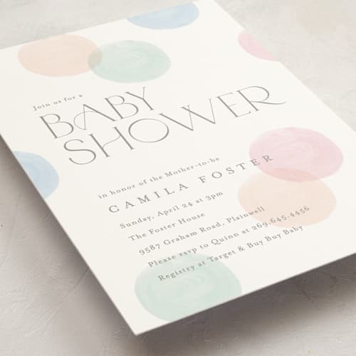 This is a confetti baby shower invitations with standard by Pixel and Hank called polka dot party printing on signature in standard