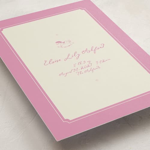 This is a petal birth announcements with standard by Jen Ramsey called baby rocking horse printing on signature in standard