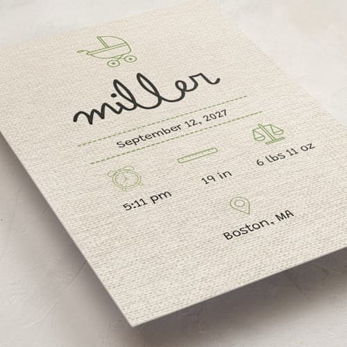 This is a mint birth announcements with standard by Ashley Langlais called stitched together printing on signature in standard