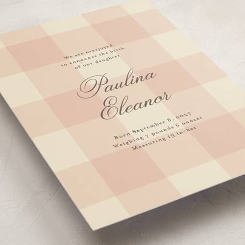 This is a blush birth announcements with standard by Ellen Schlegelmilch called sweet gingham printing on signature in standard