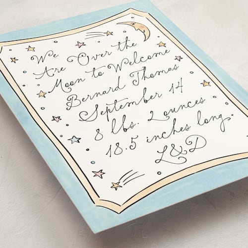 This is a sky birth announcements with standard by Ashlee Townsend called over the moon and back printing on signature in standard