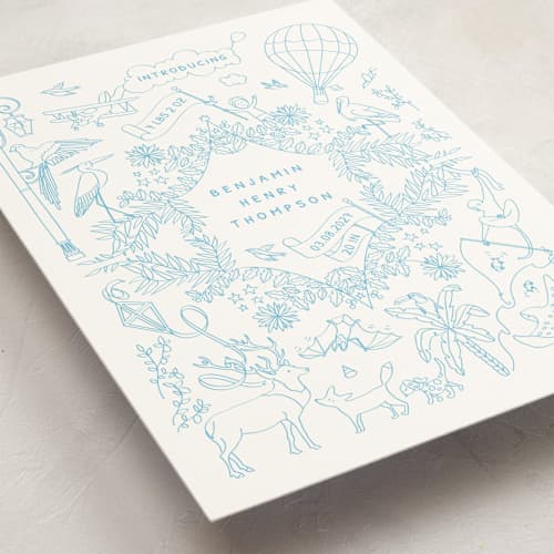 This is a cerulean birth announcements with standard by Paloma Morand Monteil called my little world tour printing on signature in standard