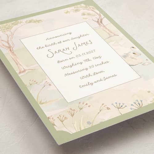 This is a sage birth announcements with standard by Teju Reval called dreamy lake printing on signature in standard