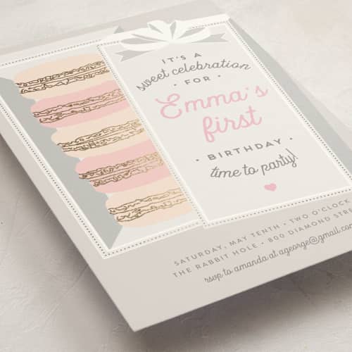 This is a mist kids birthday invitations with foil pressed by Jennifer Lew called macaron parlor printing on signature in standard