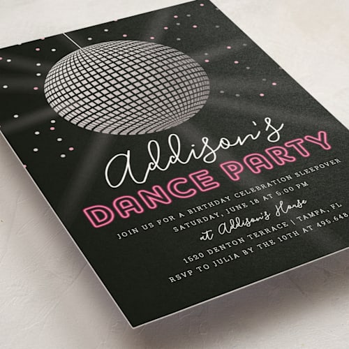 This is a raspberry kids birthday invitations with foil pressed by Kelly Nasuta called dance party printing on signature in standard