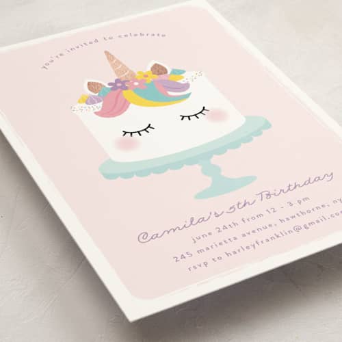 This is a strawberry kids birthday invitations with foil pressed by Annie Holmquist called sweet unicorn printing on signature in standard
