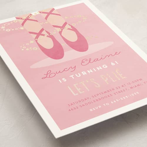 This is a bubblegum kids birthday invitations with foil pressed by Jen Banks called let's plie printing on signature in standard