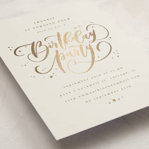 This is a pudding kids birthday invitations with foil pressed by Anastasia Makarova called birthday swirls printing on signature in standard