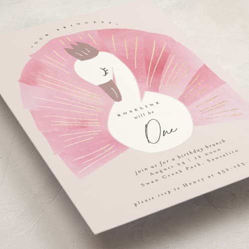 This is a candy kids birthday invitations with foil pressed by Kanika Mathur called our swan princess printing on signature in standard
