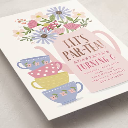 This is a petal kids birthday invitations with foil pressed by Karidy Walker called party teapot printing on signature in standard