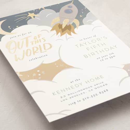 This is a lunar kids birthday invitations with foil pressed by Leah Bisch called out of this world printing on signature in standard
