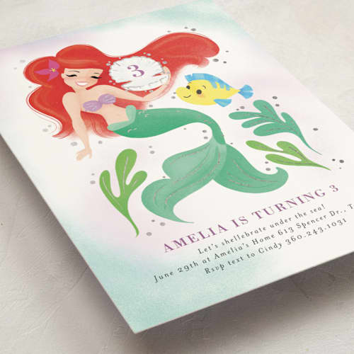 This is a lilac kids birthday invitations with foil pressed by Itsy Belle Studio called disney's little mermaid shellebrate! printing on signature in standard
