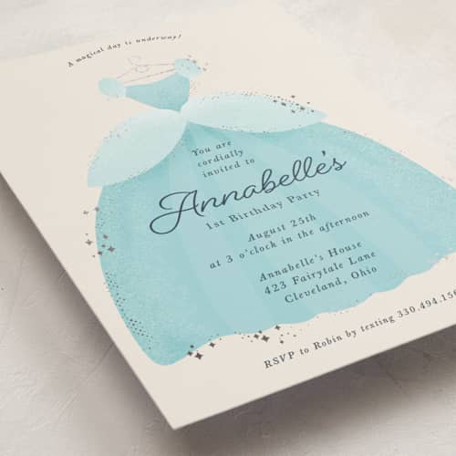 This is a sky kids birthday invitations with foil pressed by Megan Cash called disney cinderella princess dress printing on signature in standard