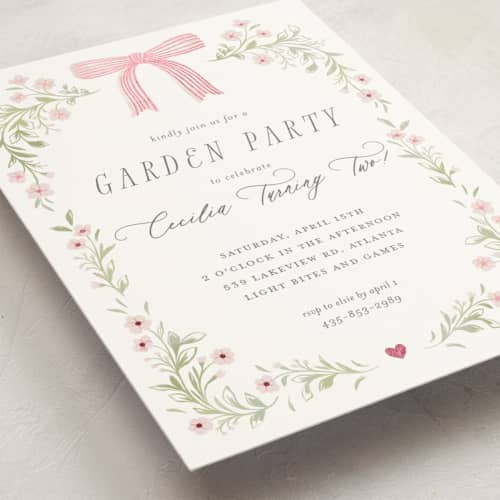 This is a blush kids birthday invitations with foil pressed by Paper Raven Co. called dainty garden printing on signature in standard