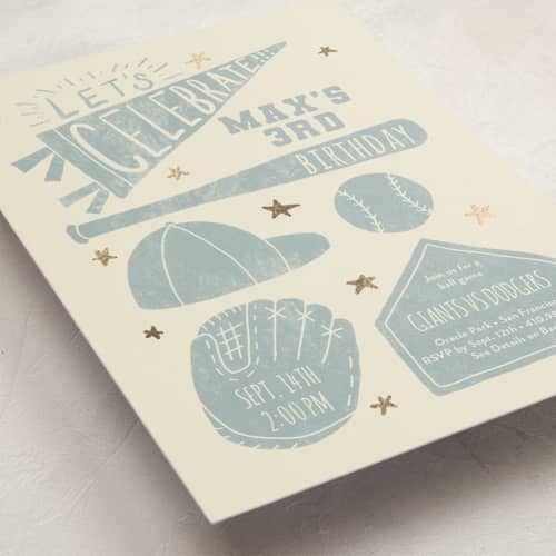 This is a sky kids birthday invitations with foil pressed by Rebekah Canavan called baseball birthday printing on signature in standard