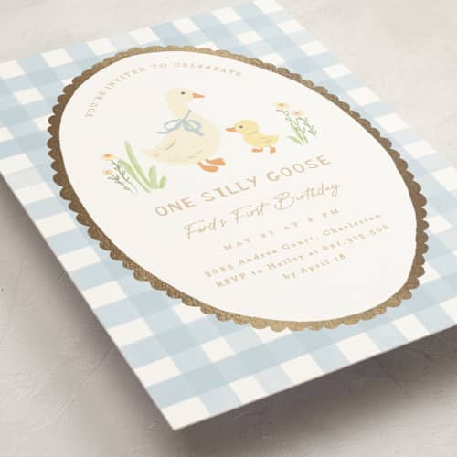 This is a sky kids birthday invitations with foil pressed by Creo Study called vintage goose printing on signature in standard