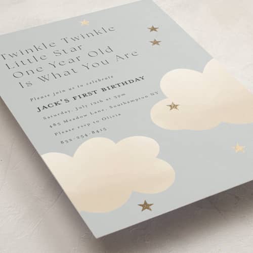 This is a sky kids birthday invitations with foil pressed by Joyce Pinheiro called twinkle twinkle printing on signature in standard