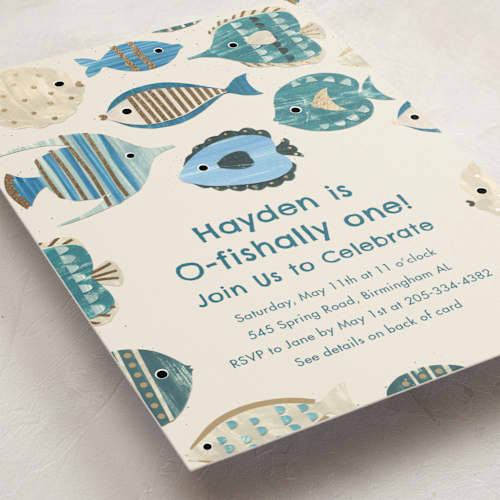This is a sand kids birthday invitations with foil pressed by Sarah Knight called birthday fish printing on signature in standard